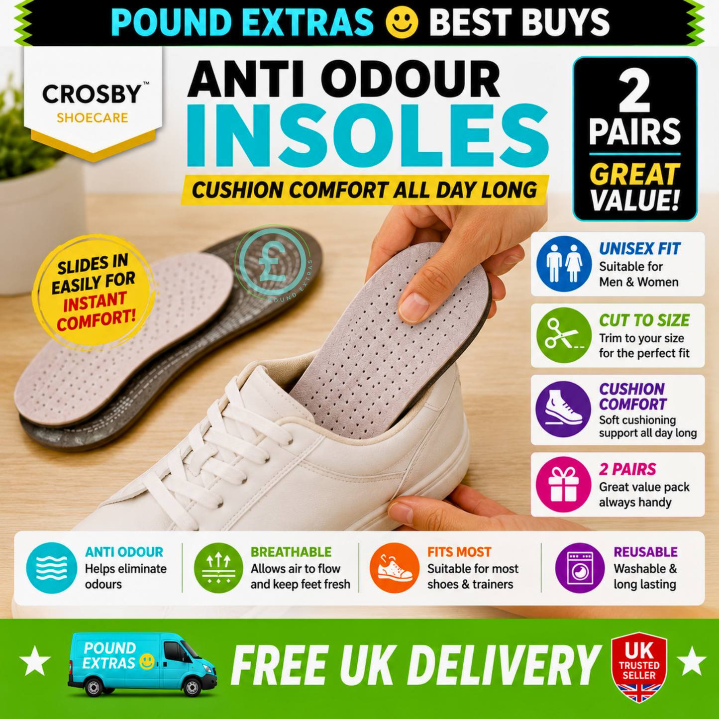 Crosby Anti Odour Insoles 2 Pairs Cut To Size Unisex Shoe Inserts Cushion Comfort
