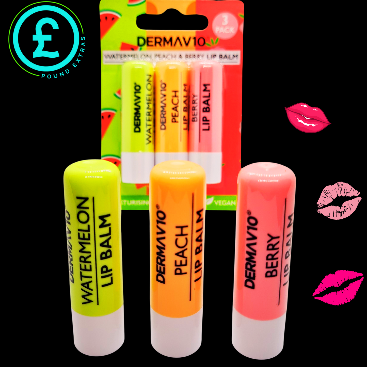 Lip Balm 3 Pack - Watermelon, Peach, Berry - Vegan Moisturizing Care Derma V-108