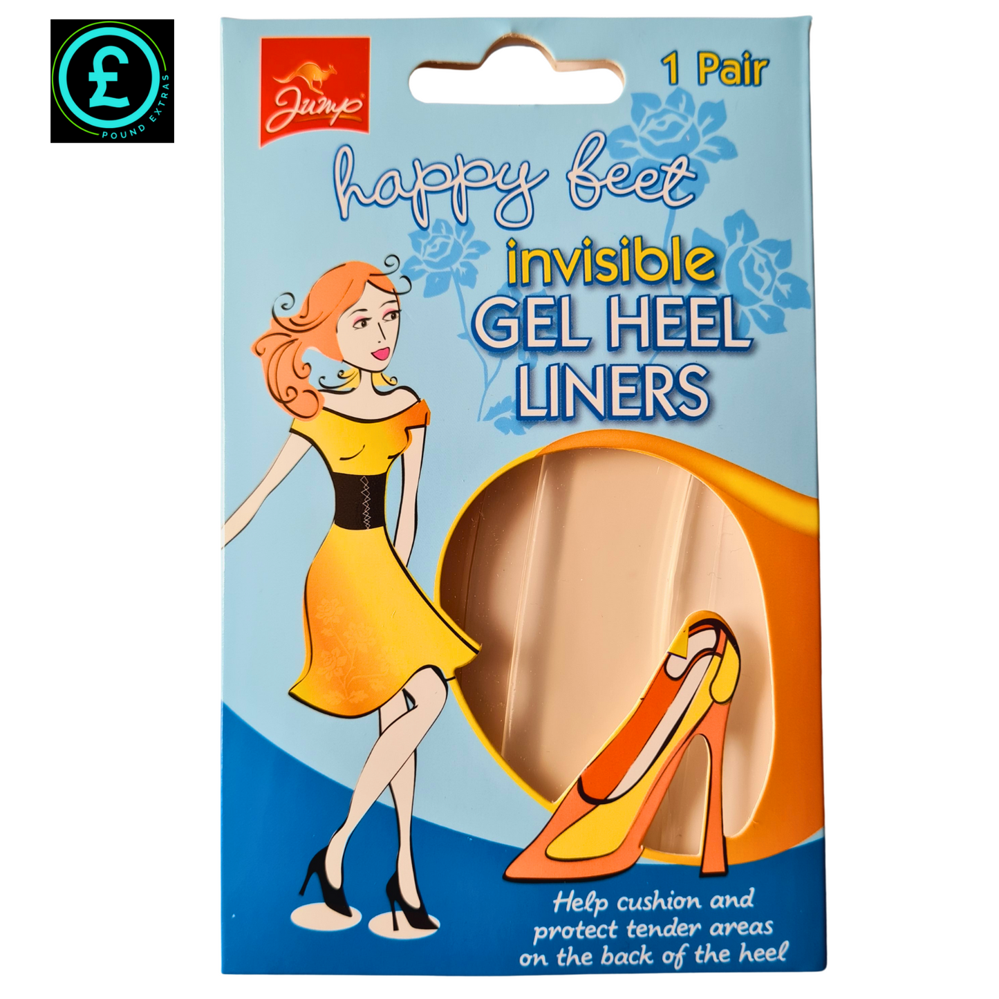 Packaging of 'happy feet' invisible gel heel liners with a cartoon woman and high-heeled shoe illustration.