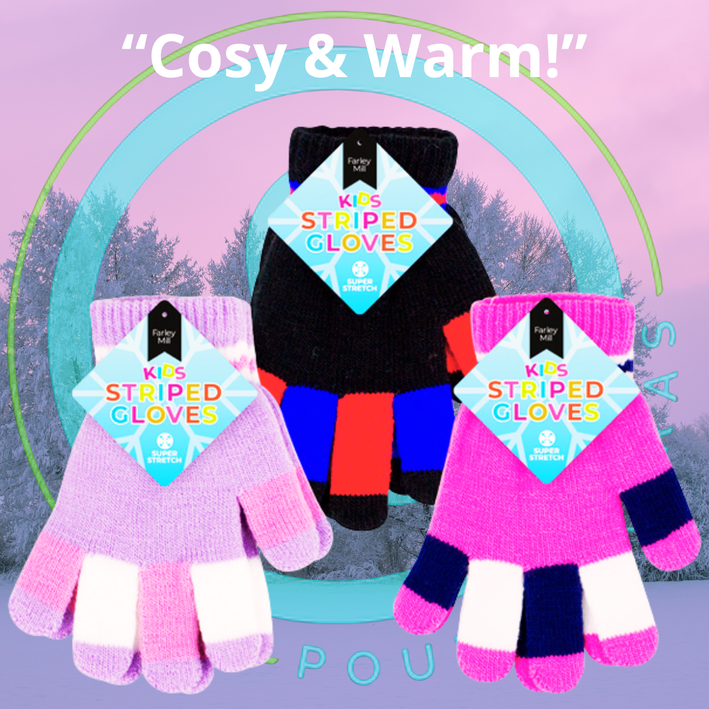 Colorful striped gloves with brand tags on a pastel background pound extras