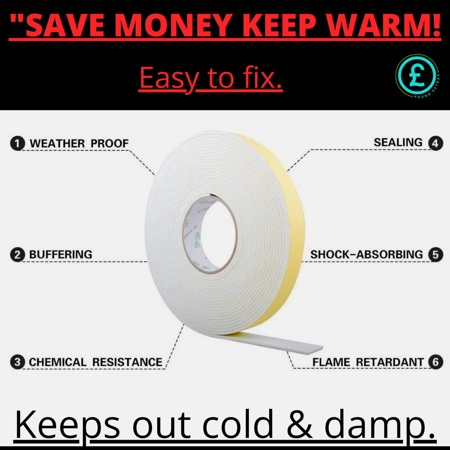 Foam Weather Strip Draught Excluding Tape Door Window Seal 10m Self Adhesive DIY19