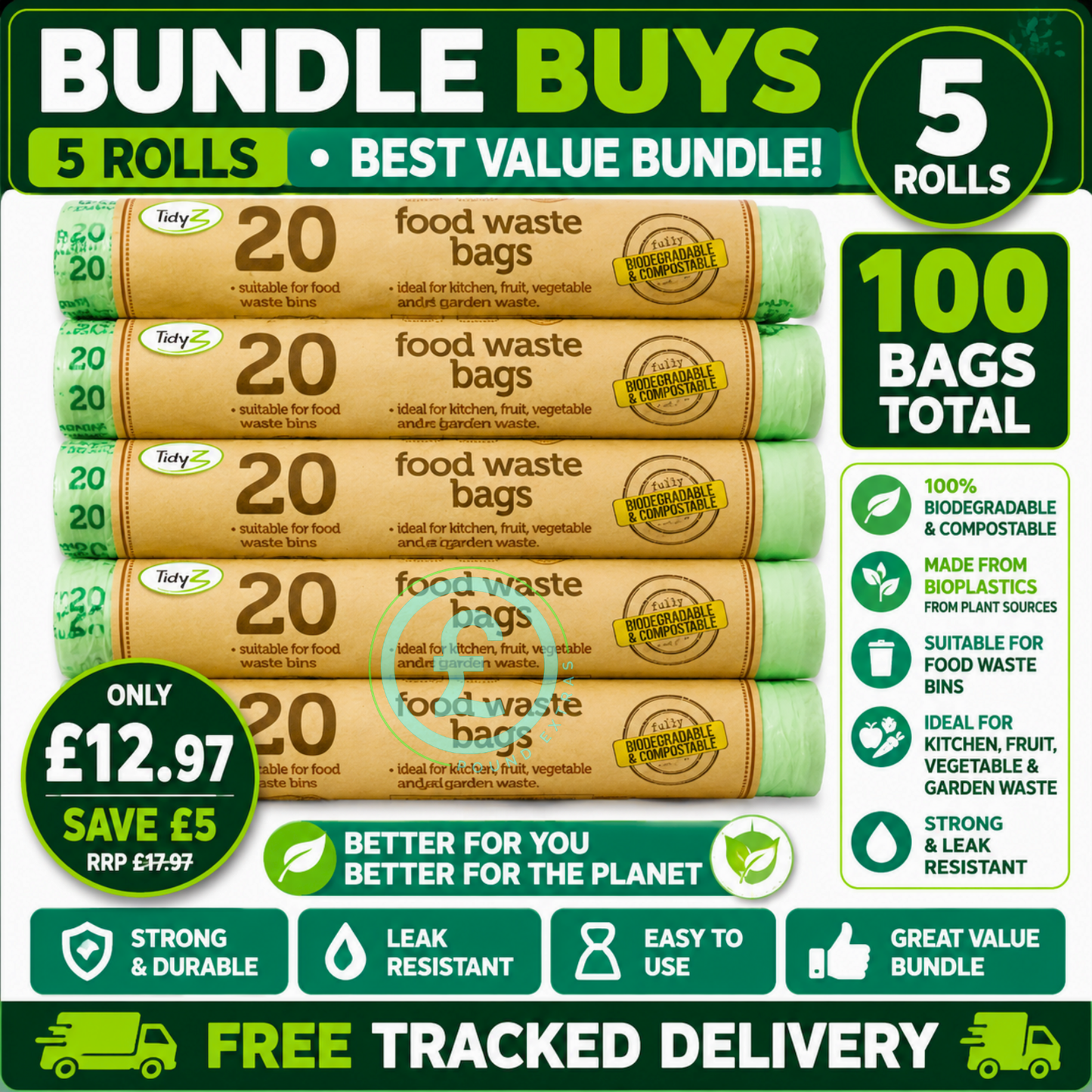 Food Waste Bags 100 Pack Bundle 5L Biodegradable Compostable Eco