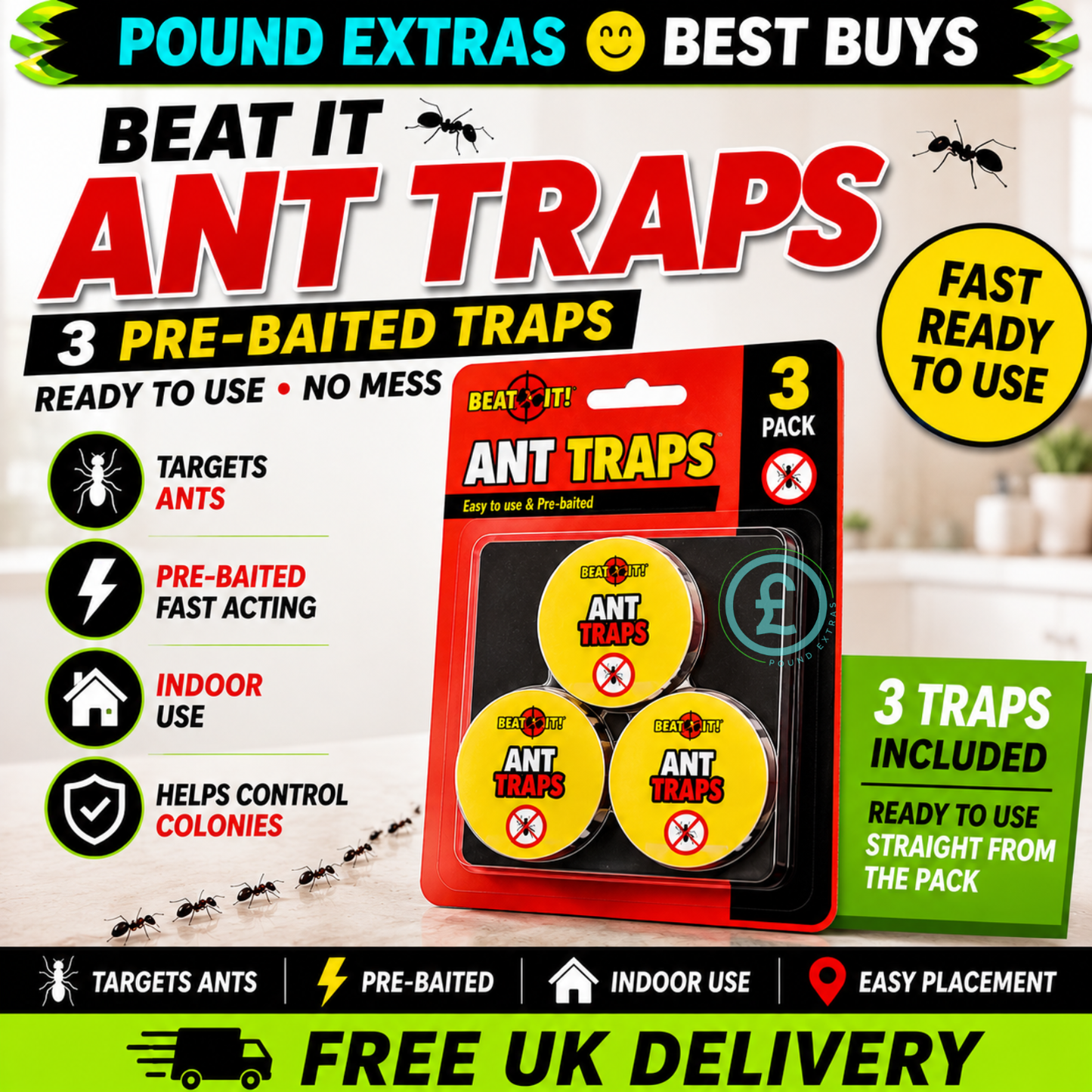 Beat It Ant Traps 3 Pack Pre-Baited Indoor Ant Killer Glue Traps Easy To Use