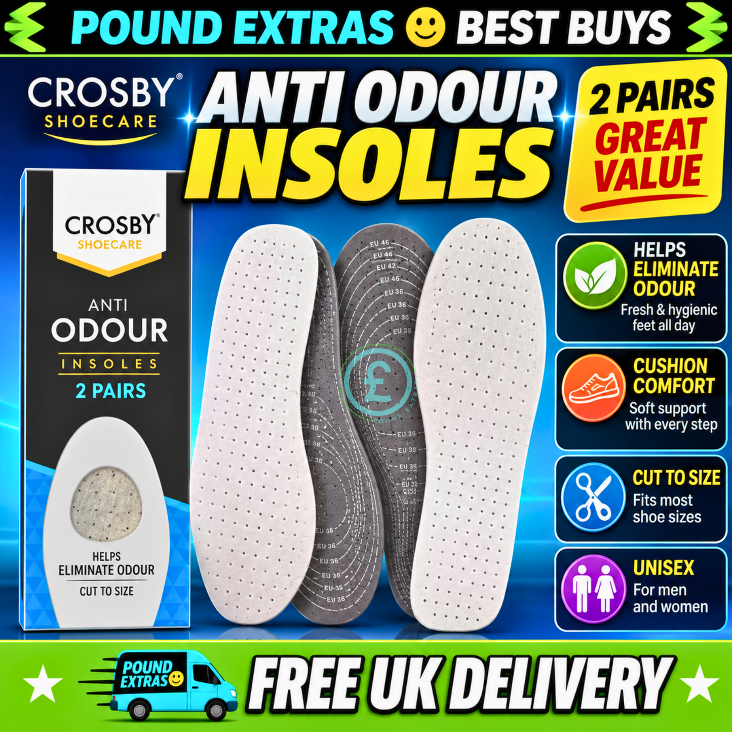 Crosby Anti Odour Insoles 2 Pairs Cut To Size Unisex Shoe Inserts Cushion Comfort