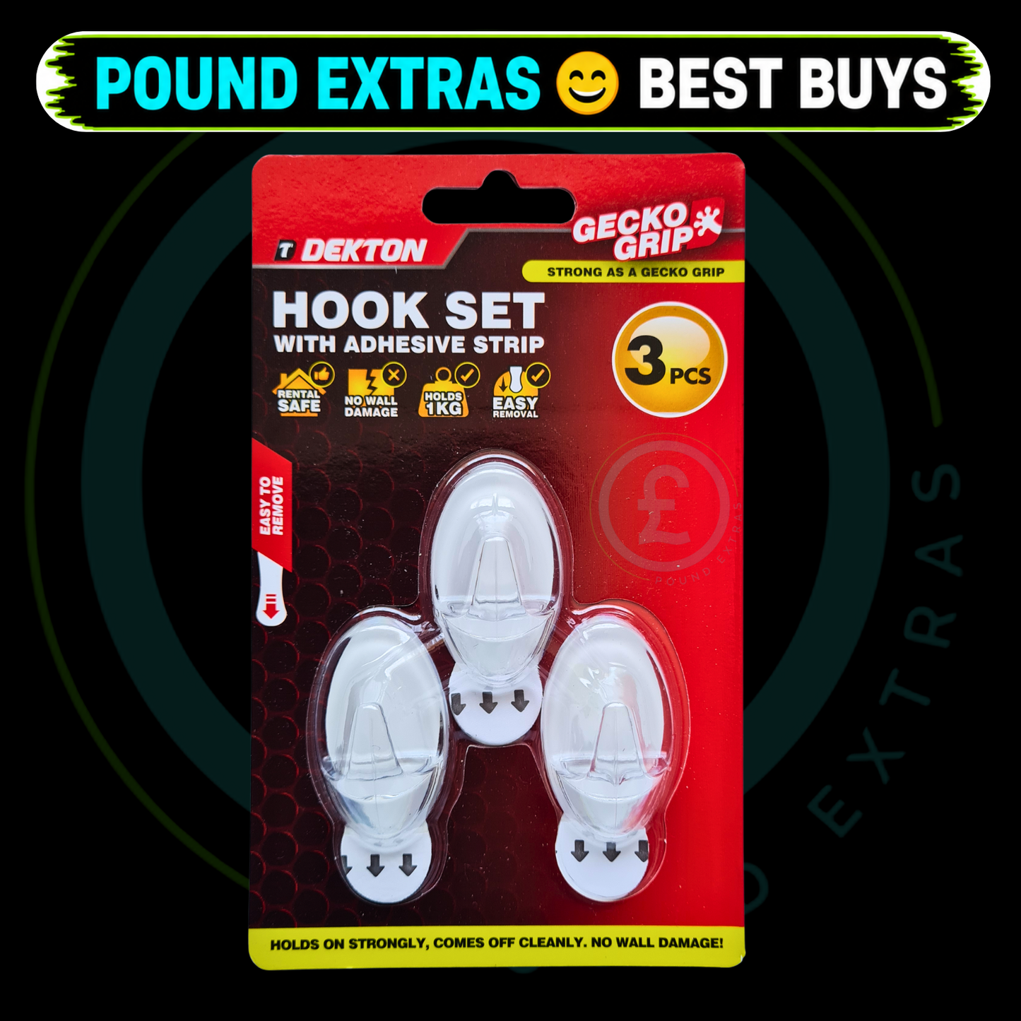Dekton Gecko Grip Clear Adhesive Hook Set 3 Pack No Drill Wall Hooks