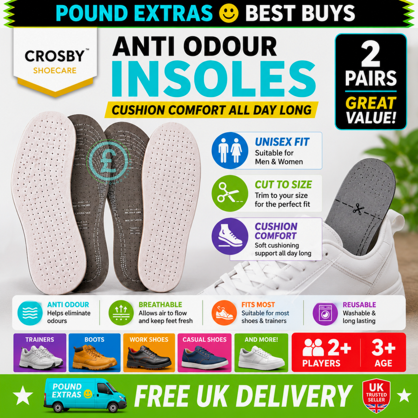 Crosby Anti Odour Insoles 2 Pairs Cut To Size Unisex Shoe Inserts Cushion Comfort