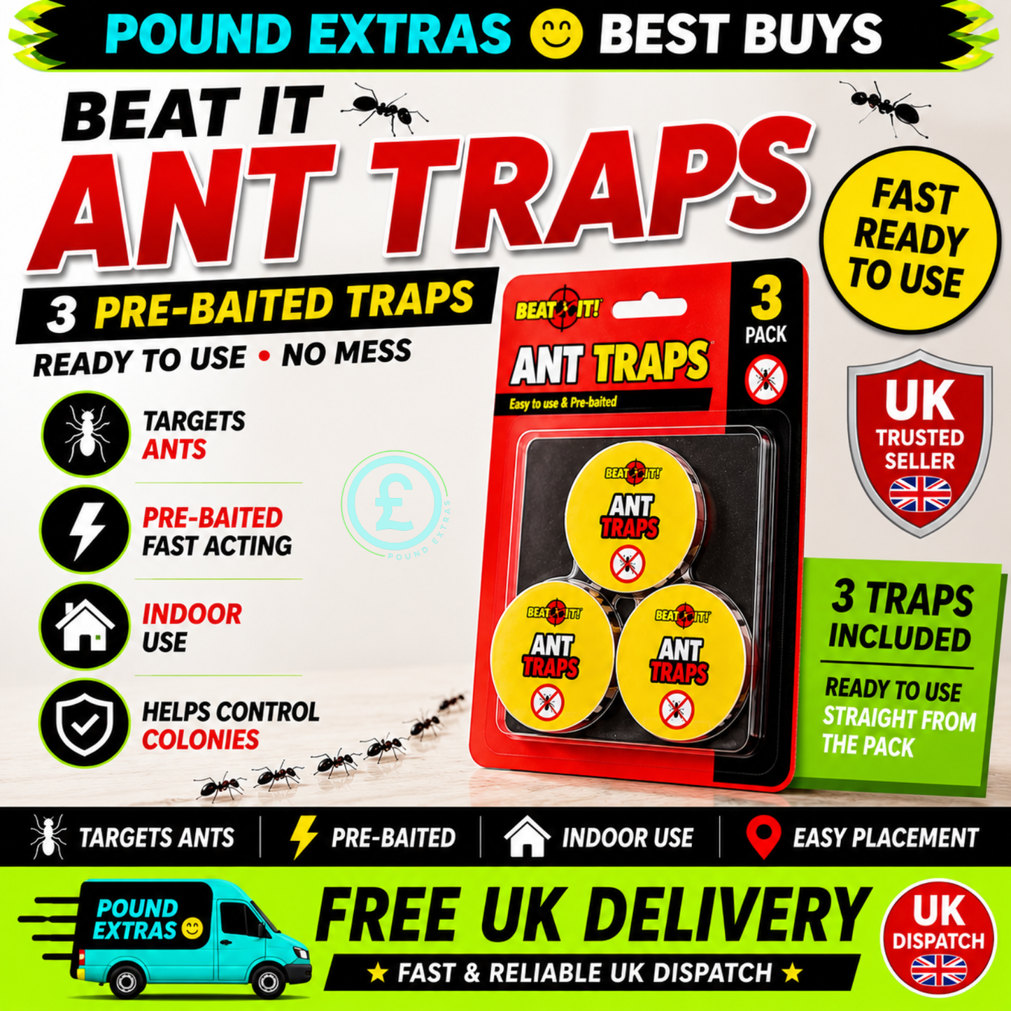 Beat It Ant Traps 3 Pack Pre-Baited Indoor Ant Killer Glue Traps Easy To Use