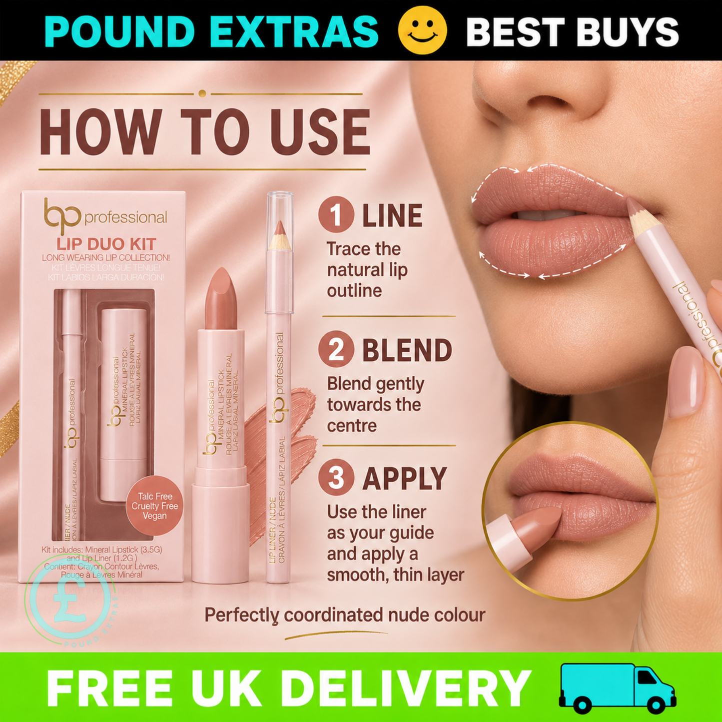 BP Professional Lip Duo Kit Nude Mineral Lipstick Lip Liner Vegan Gift Set