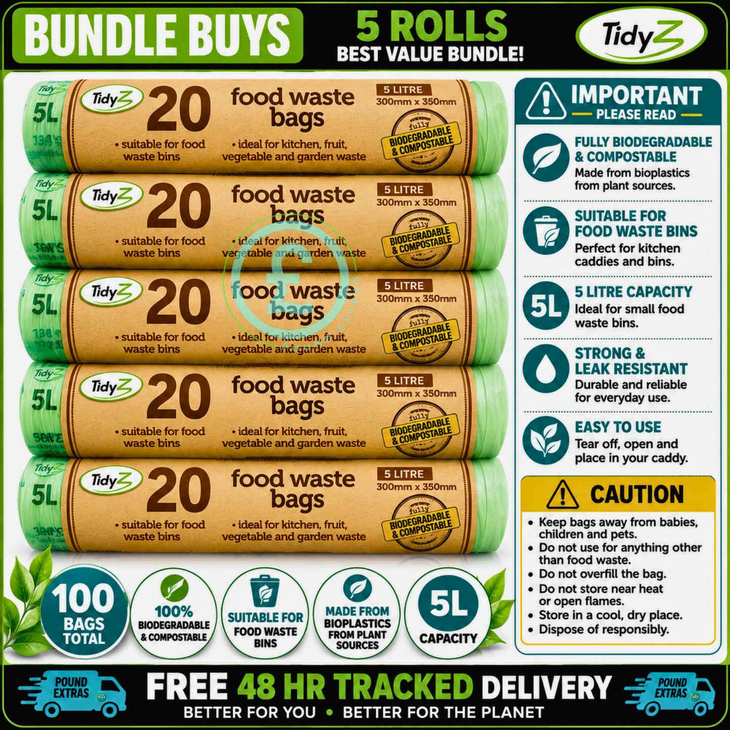 Food Waste Bags 100 Pack Bundle 5L Biodegradable Compostable Eco