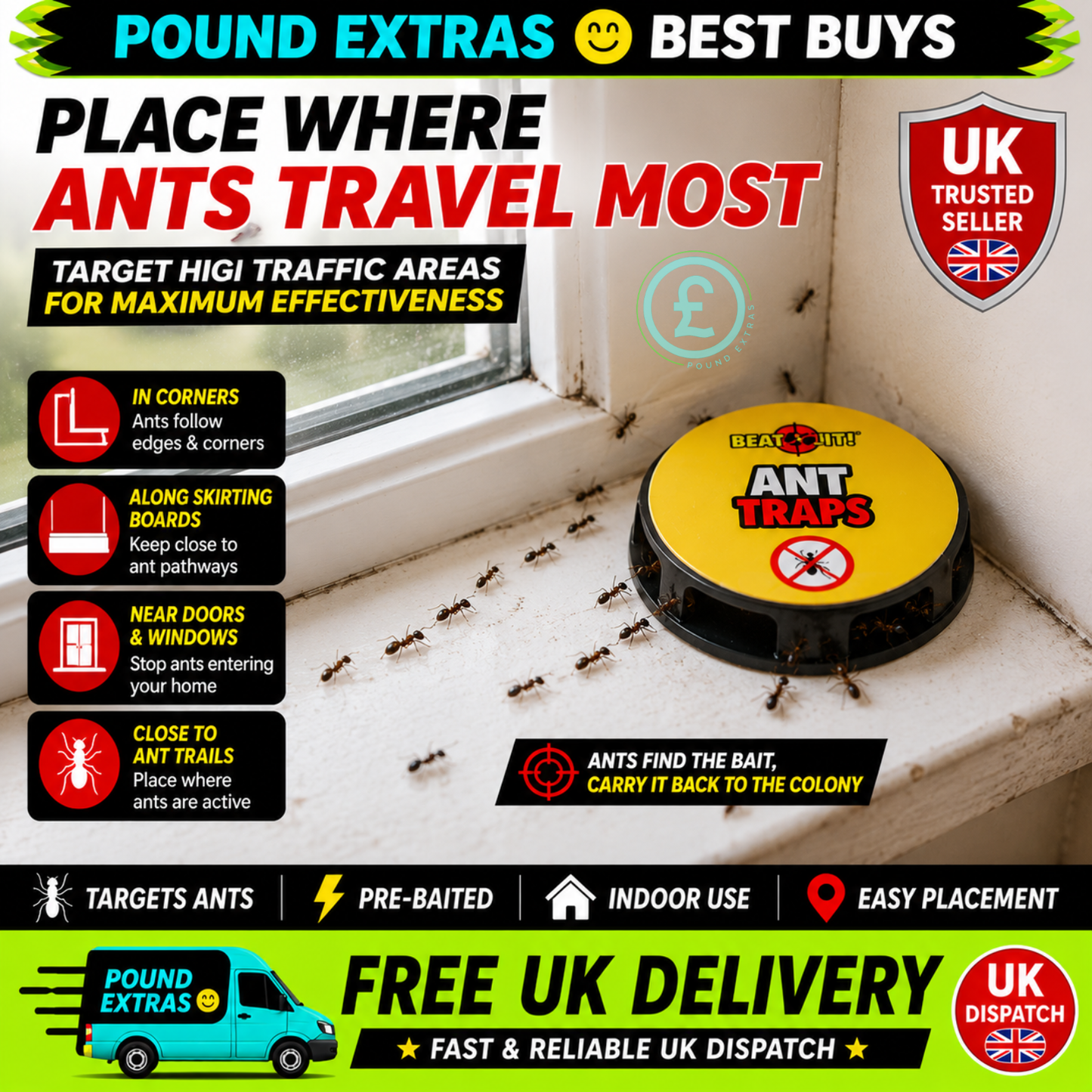 Beat It Ant Traps 3 Pack Pre-Baited Indoor Ant Killer Glue Traps Easy To Use