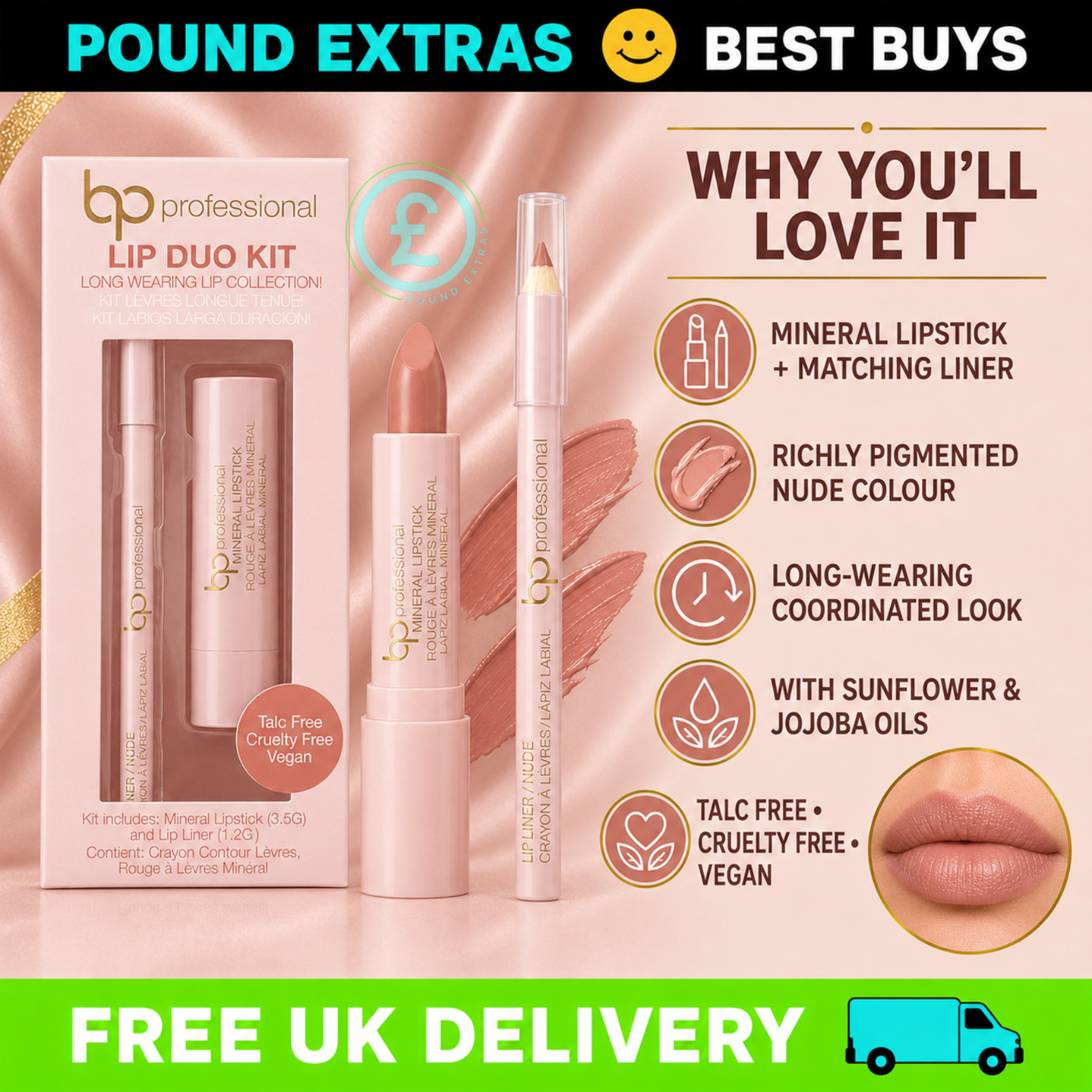 BP Professional Lip Duo Kit Nude Mineral Lipstick Lip Liner Vegan Gift Set
