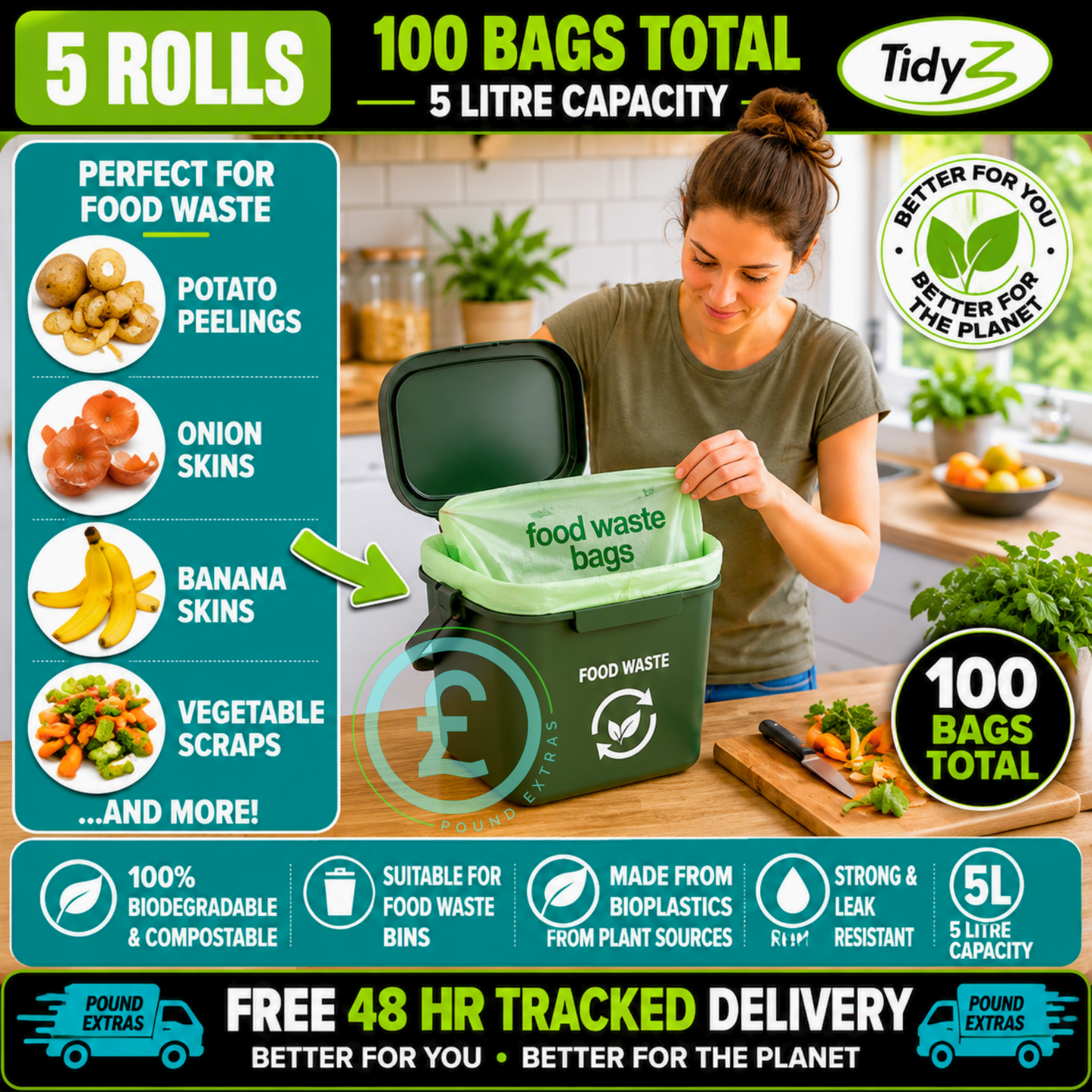 Food Waste Bags 100 Pack Bundle 5L Biodegradable Compostable Eco