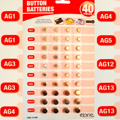 ❤️ POUND EXTRAS 😊 40 assorted AG button cell batteries 💚 for watches, toys, remotes & gadgets — great value bulk pack with reliable long-lasting power!