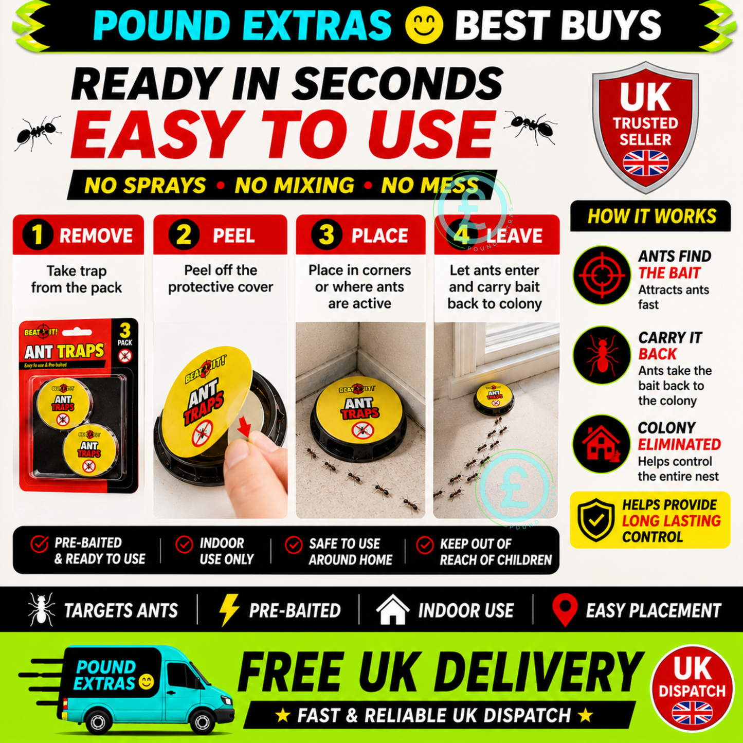 Beat It Ant Traps 3 Pack Pre-Baited Indoor Ant Killer Glue Traps Easy To Use