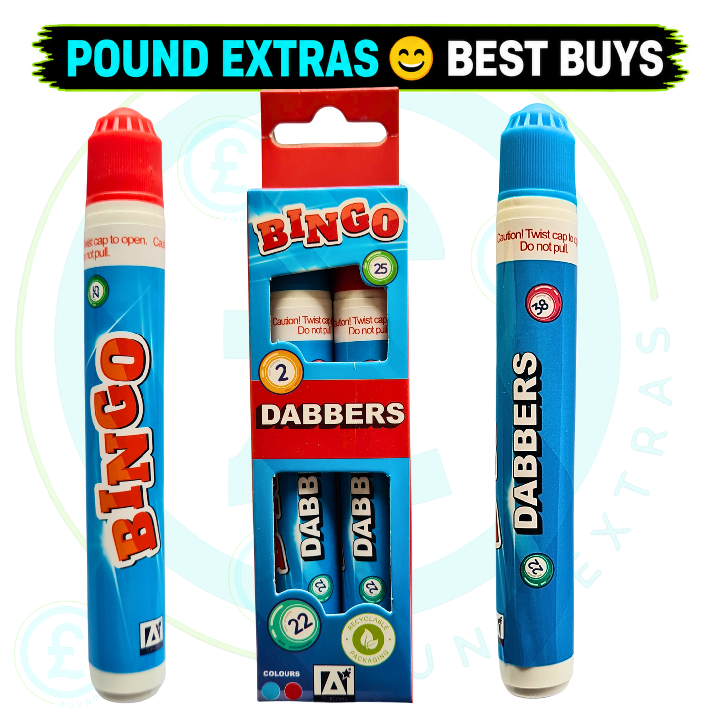 Red and blue bingo dabber pens close-up, bright ink marker pens for bingo cards, clubs, halls and family games