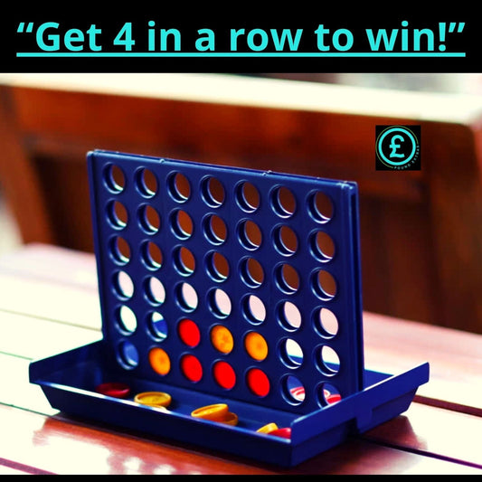 Board game with colorful discs on a wooden table, text 'Get 4 in a row to win!'.