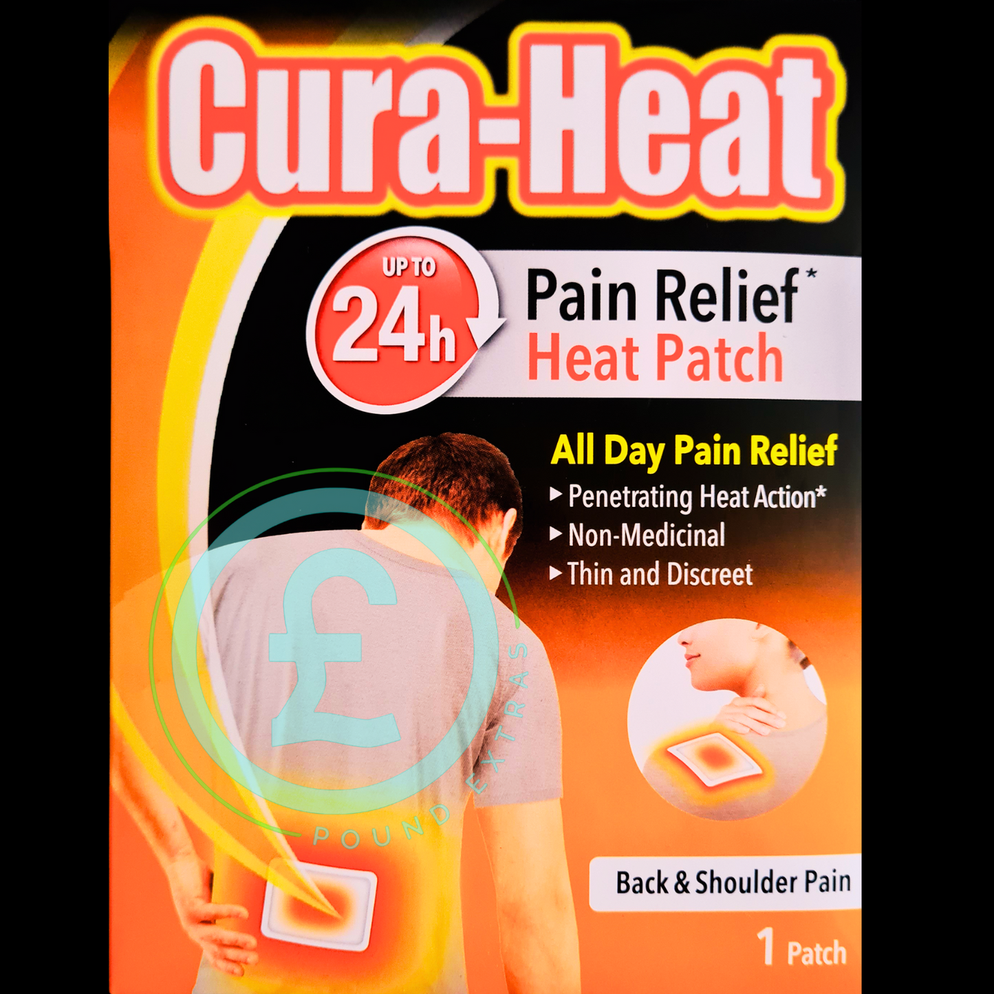 Cura-Heat pain relief heat patch packaging with a person wearing a patch on their back.
