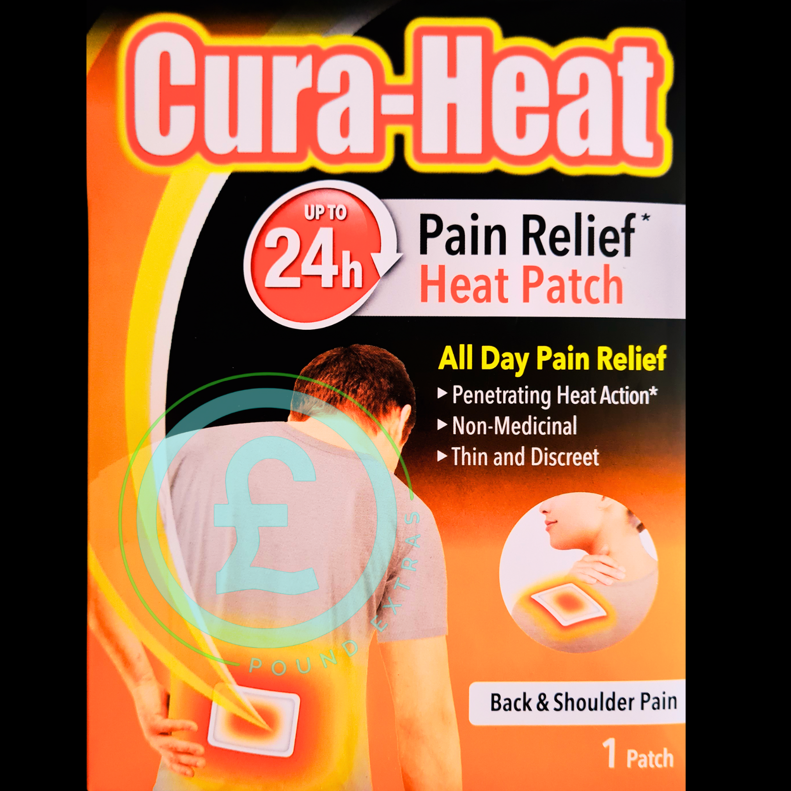 Cura-Heat pain relief heat patch packaging with a person wearing a patch on their back.