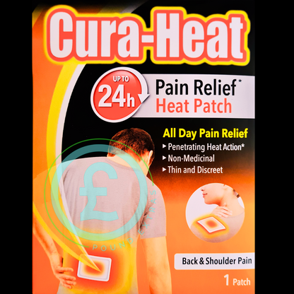 Cura-Heat pain relief heat patch packaging with a person wearing a patch on their back.
