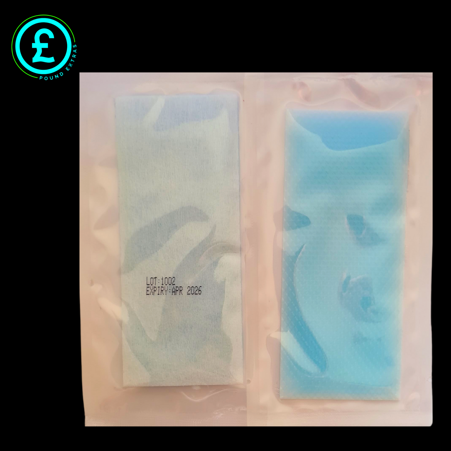 Two packages with a blue and white product inside, on a beige background.