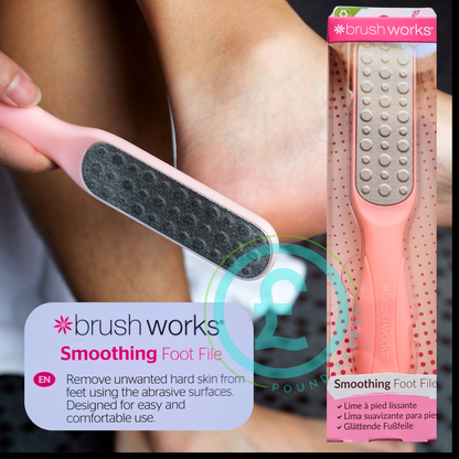 Pink smoothing foot file with packaging and close-up of use on skin