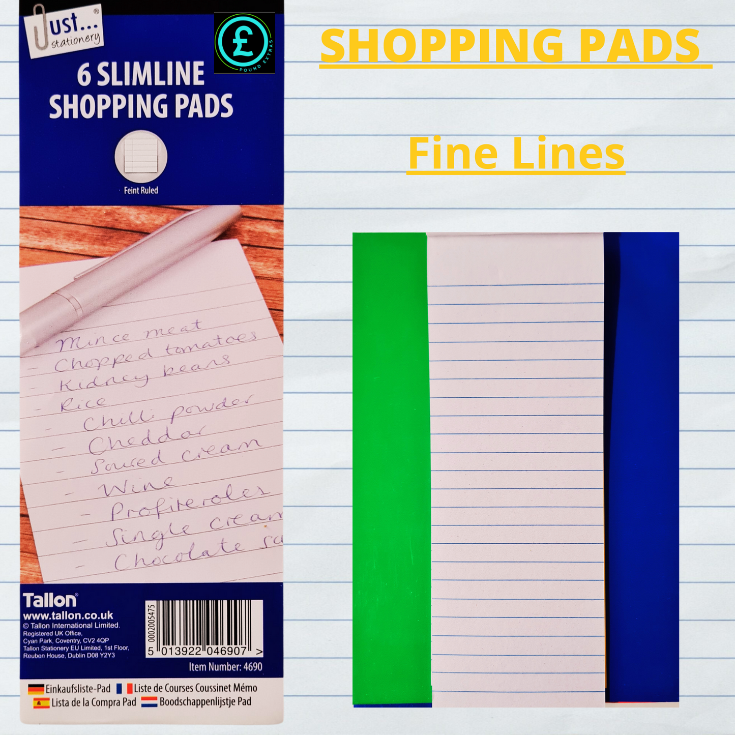 Slimline shopping pads with a blue and green color scheme on a lined paper background.