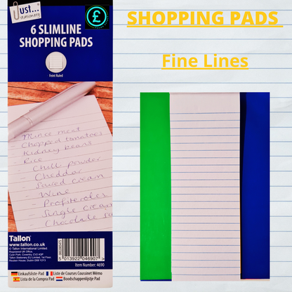 Slimline shopping pads with a blue and green color scheme on a lined paper background.