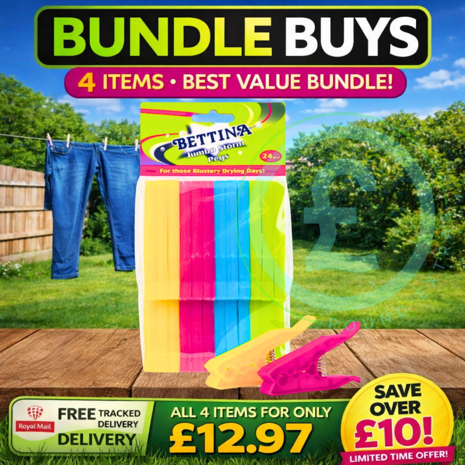 Clothes Peg Bundle 64 Hardwood Pegs 24 Strong Jumbo Storm Pegs Peg Bag Set Deal2