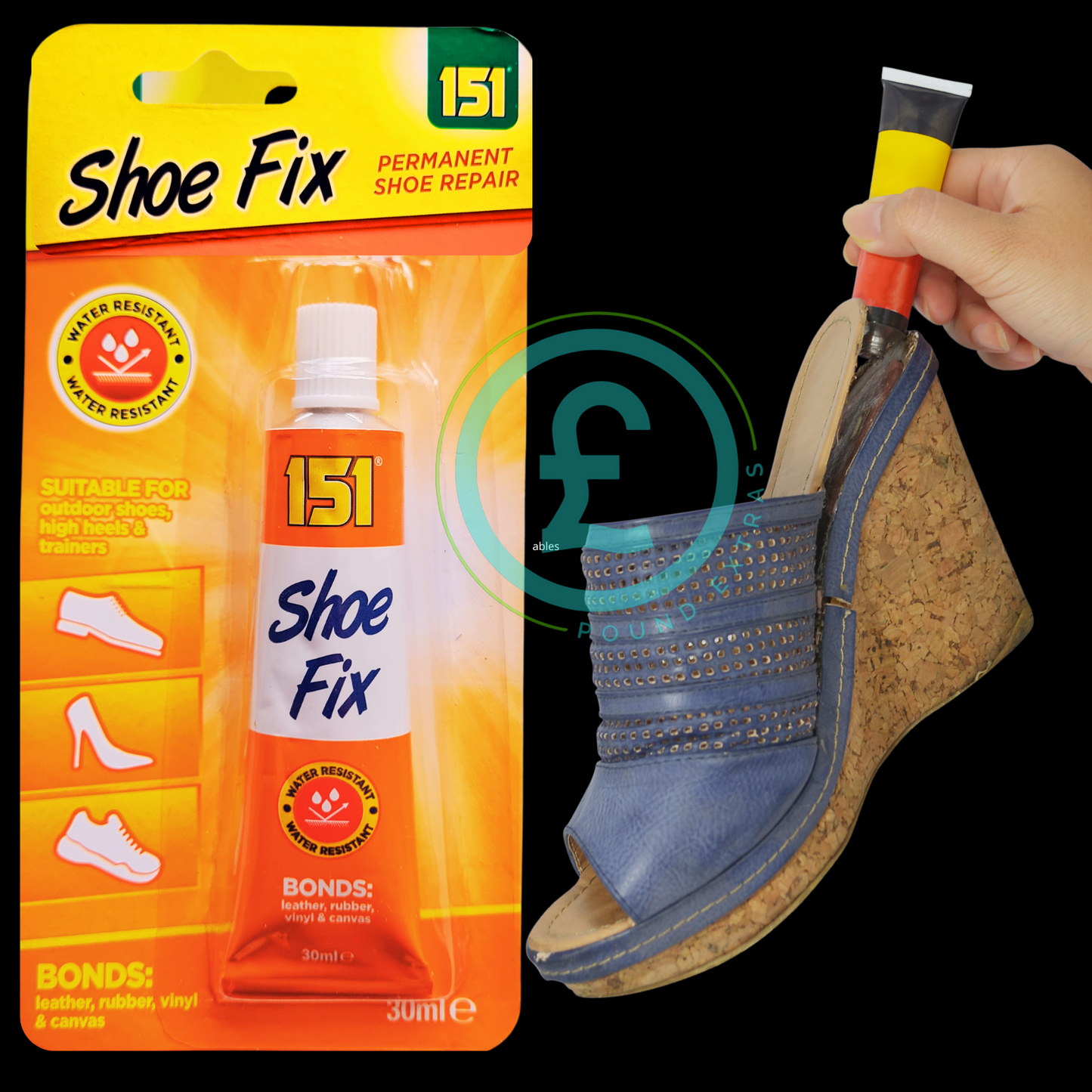 151 Shoe Fix permanent shoe repair kit with a hand applying it to a blue shoe.