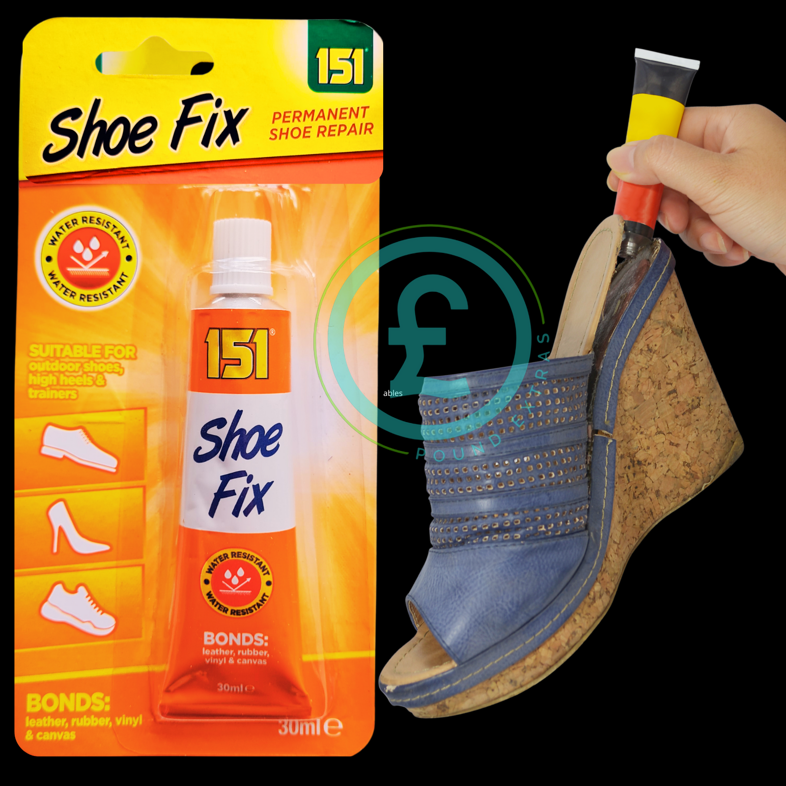 151 Shoe Fix permanent shoe repair kit with a hand applying it to a blue shoe.