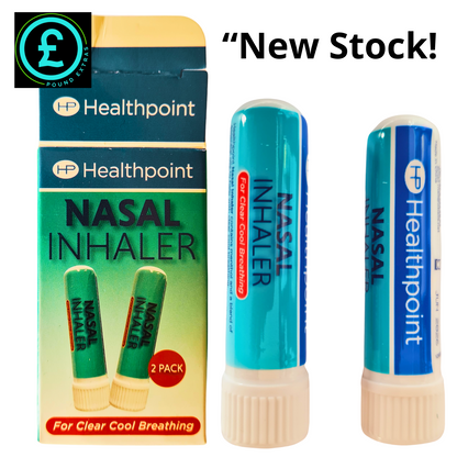 Healthpoint nasal inhaler packaging and two inhalers on a white background with 'New Stock!' text.