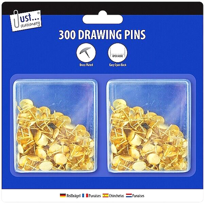 Packaging of 300 drawing pins with a blue background and visible brand logo.