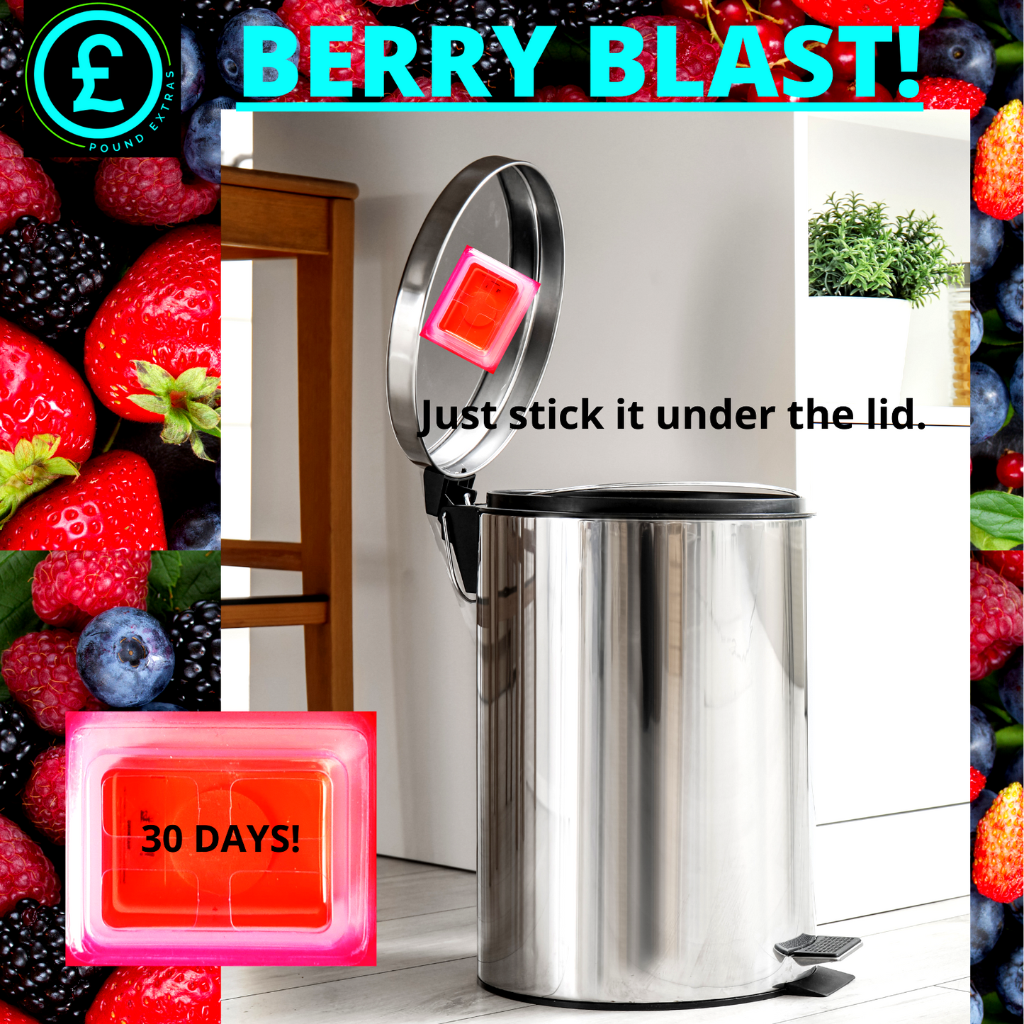 Stainless steel trash can with a pink square attached to the lid, surrounded by images of berries and text 'Berry Blast'.