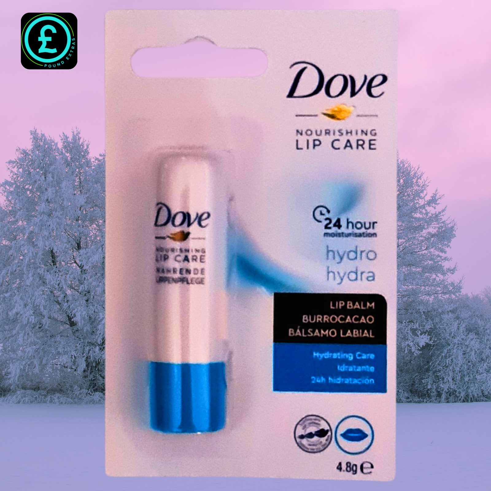 Dove lip balm packaging with a snowy background