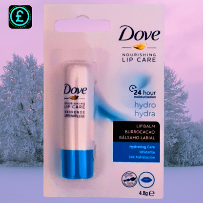 Dove lip balm packaging with a snowy background