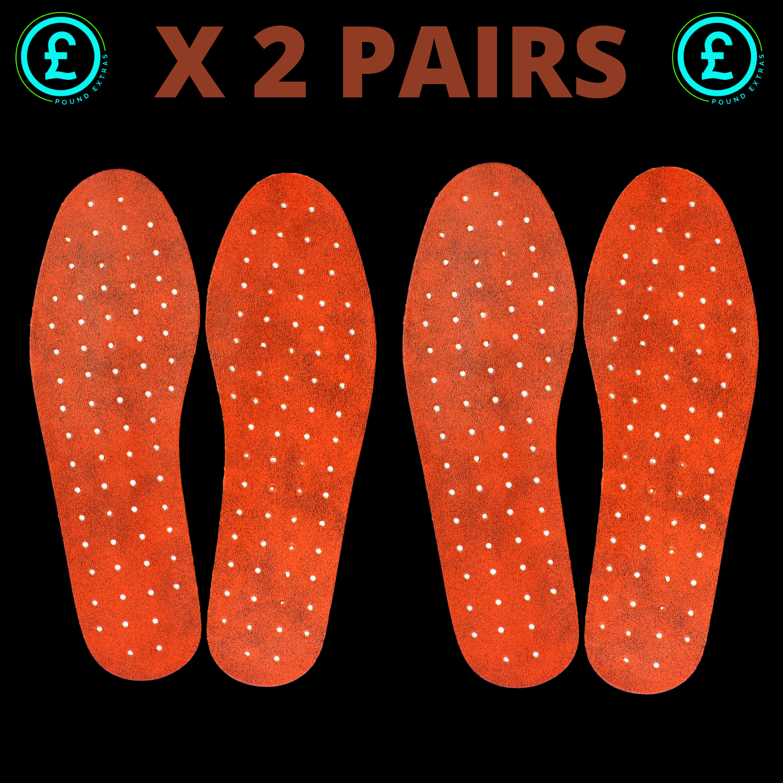 Two pairs of red insoles with white dots on a black background, featuring Pound logo.