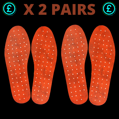 Two pairs of red insoles with white dots on a black background, featuring Pound logo.