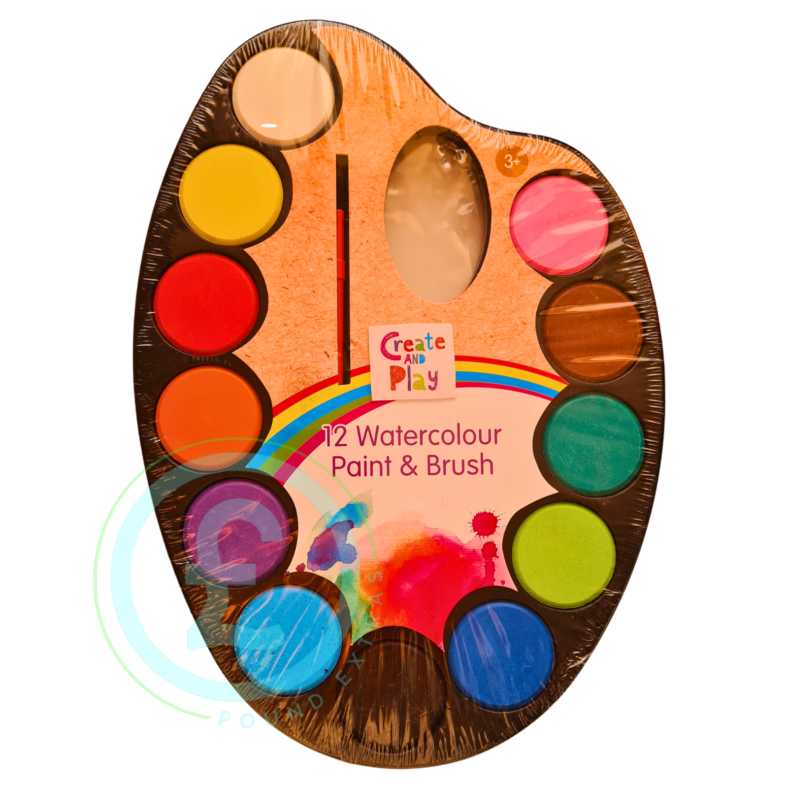 Wooden art palette with watercolor paints and a brush, featuring the 'Create and Play' brand.