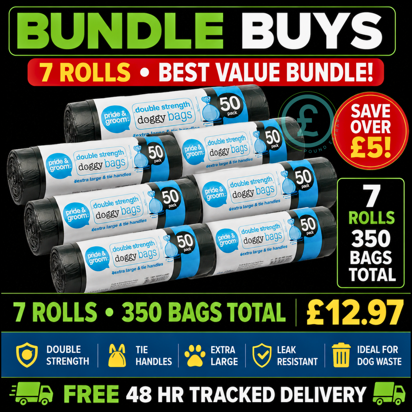Doggy Bags 350 Pack 7 Roll Bundle Extra Large Tie Handles Thick Double Strength0