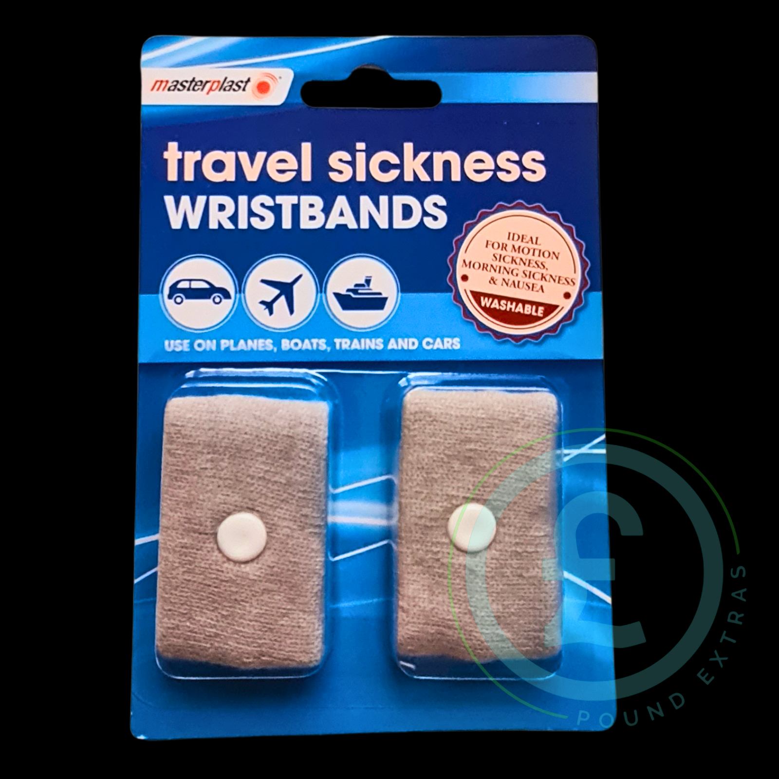 Pack of travel sickness wristbands with blue packaging and masterplast branding.