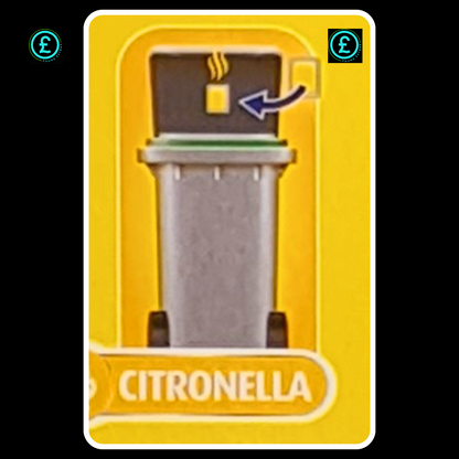 Card with a trash can illustration labeled 'Citronella' on a yellow background