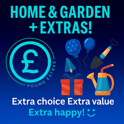 Promotional graphic for home and garden items with Pound Extras logo on a blue background.