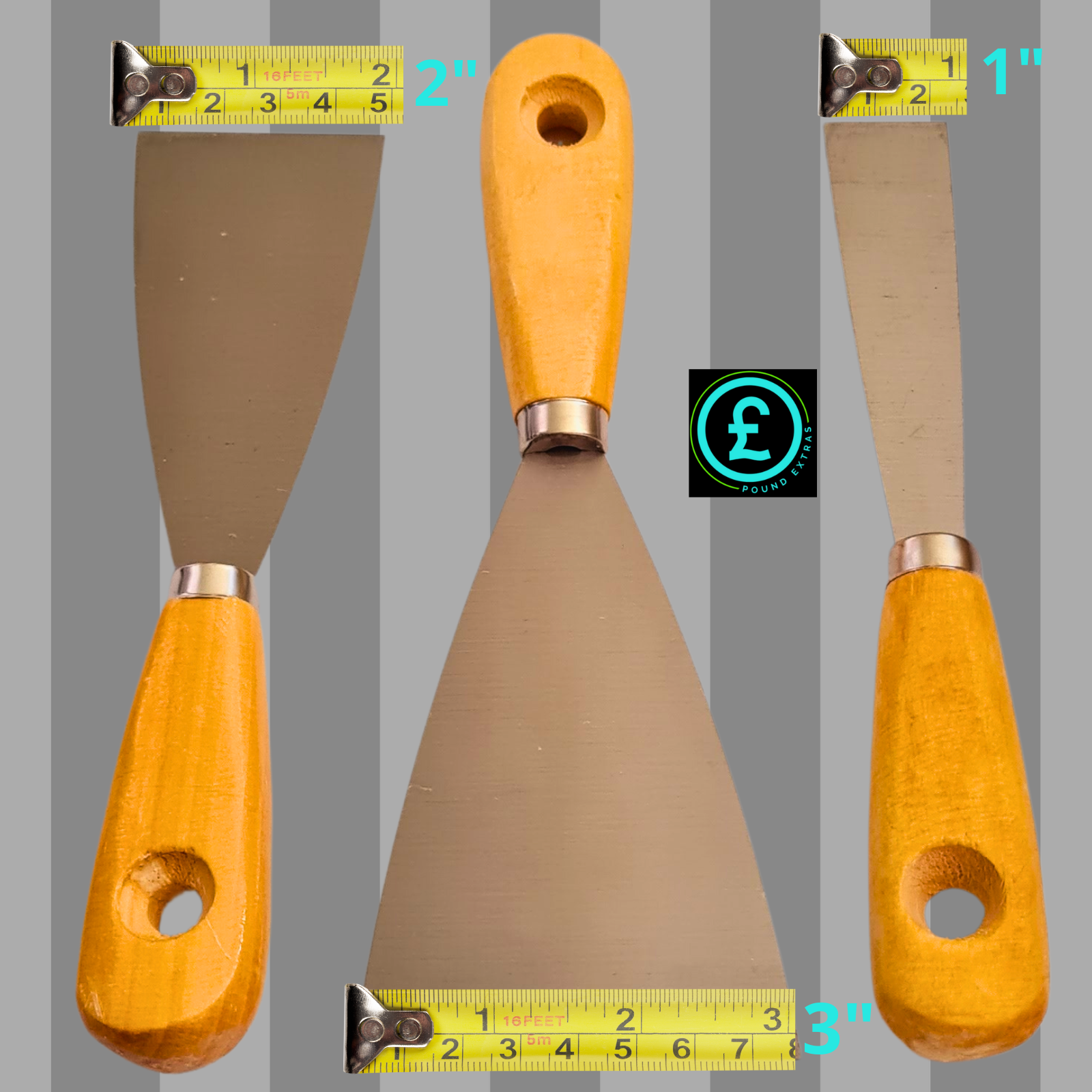 Three putty knives with wooden handles and metal blades, shown with measurement tapes to indicate size.
