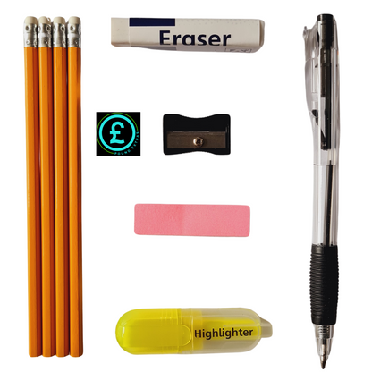 Collection of stationery items including pencils, eraser, sharpener, sticker, pink label, and pen on a white background.