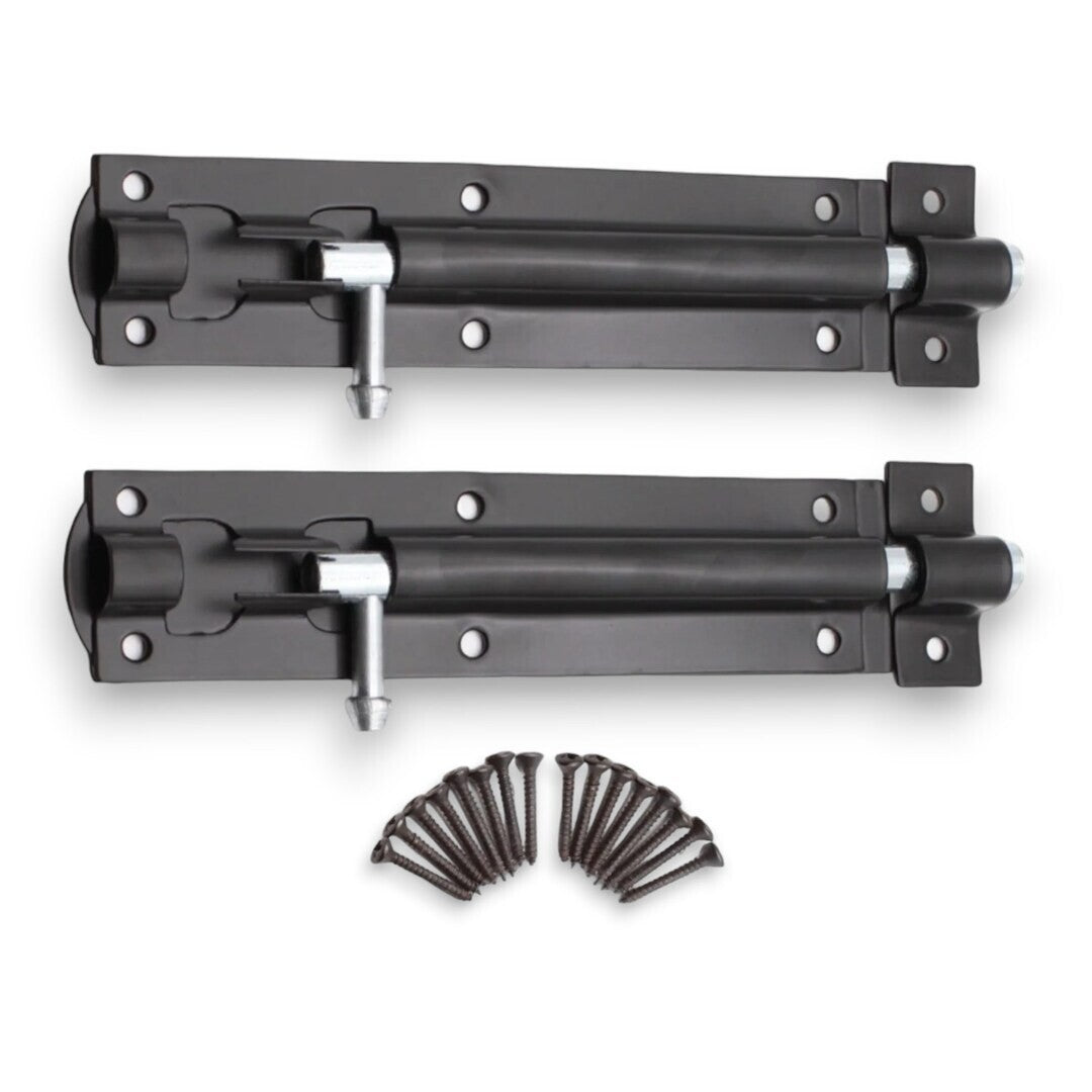 Two black metal door handles with screws on a white background