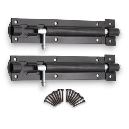 Two black metal door handles with screws on a white background