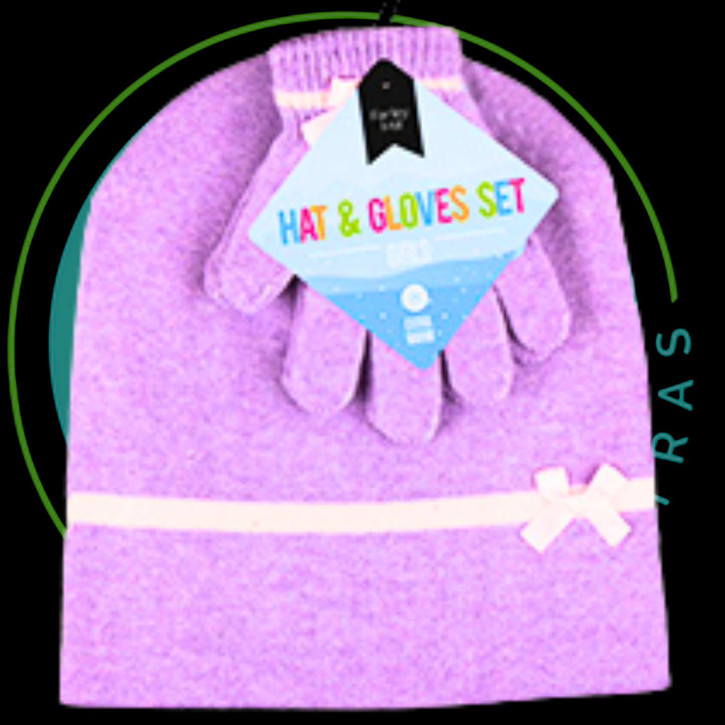 Purple hat and gloves set with a tag on a black background