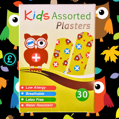 Box of Kids Assorted Plasters with owl design on a colorful owl-themed background