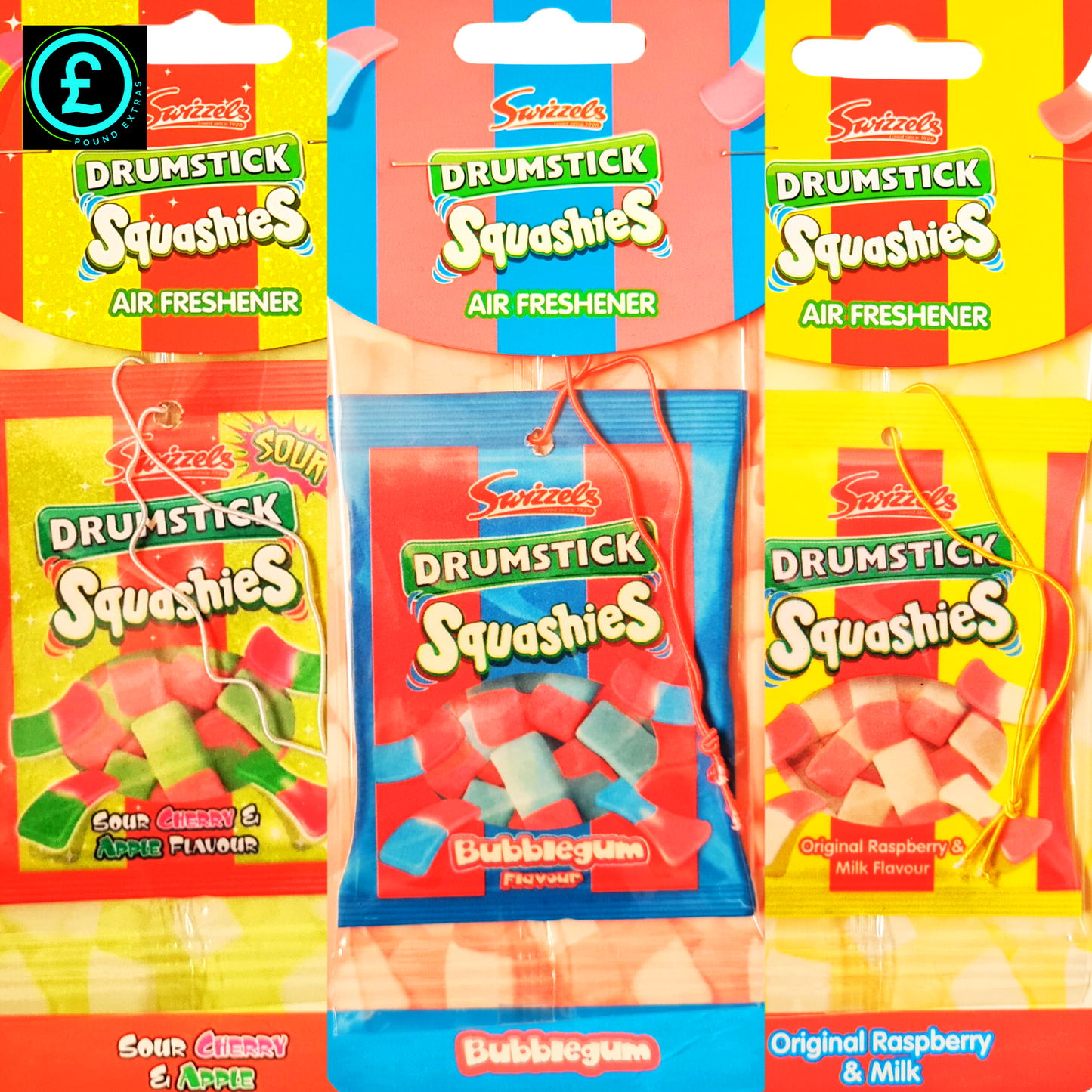 Packaged Drumstick Squashies air fresheners in various flavors on a colorful background.