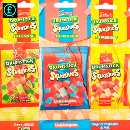 Packaged Drumstick Squashies air fresheners in various flavors on a colorful background.